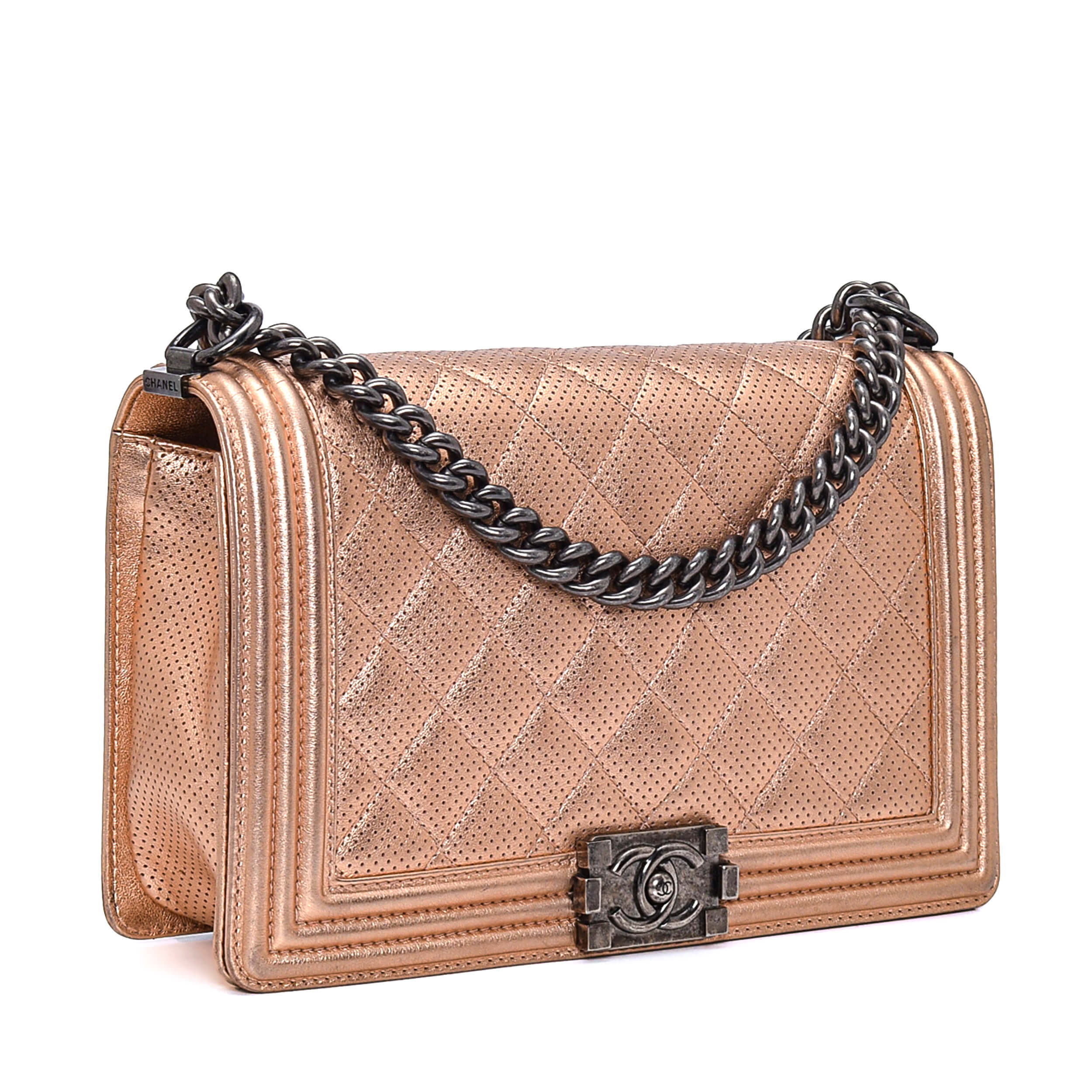 Chanel - Rose Gold Quilted Perforated Leather Medium Le boy Bag